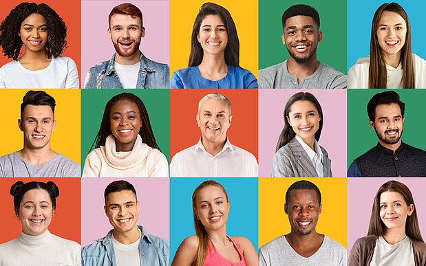 Sammlung von Nahaufnahmen von fröhlichen, gemischtrassigen Menschen