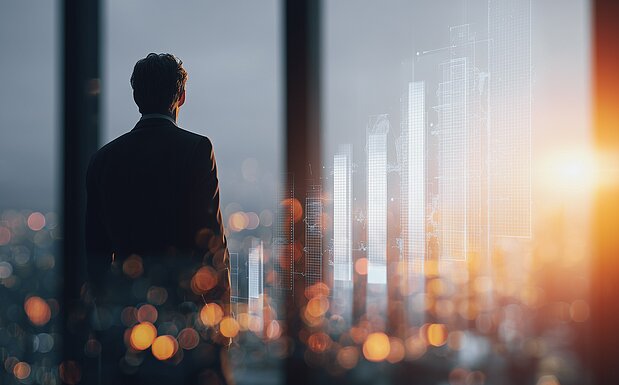 Silhouette vor Fenster; steigende Balkendiagramme über Stadtlichtern, warmes Sonnenlicht rechts.