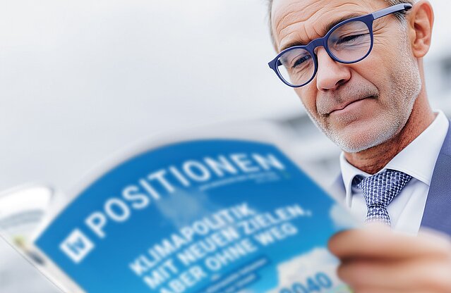 Person mit Brille liest das Magazin „POSITIONEN“; Titel „Klimapolitik“ ist erkennbar.
