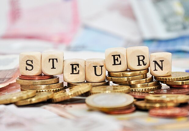 Ein Münzberg auf dem das Wort Steuern steht 